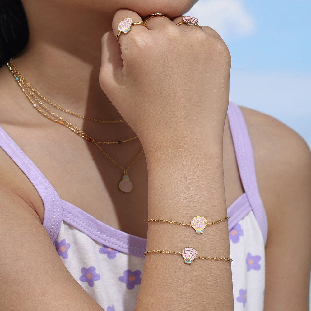 316L Stainless Steel 18K Gold PVD Pink Princess Dress Summer Necklace Set - Vintage Gold Band, Pink Princess Dress Wholesale Stainless Steel Jewelry - Sensitive Skin Friendly - Detail 4