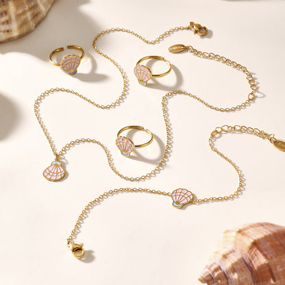 316L Stainless Steel 18K Gold PVD Pink Princess Dress Summer Necklace Set - Vintage Gold Band, Pink Princess Dress Wholesale Stainless Steel Jewelry - Sensitive Skin Friendly - Detail 9