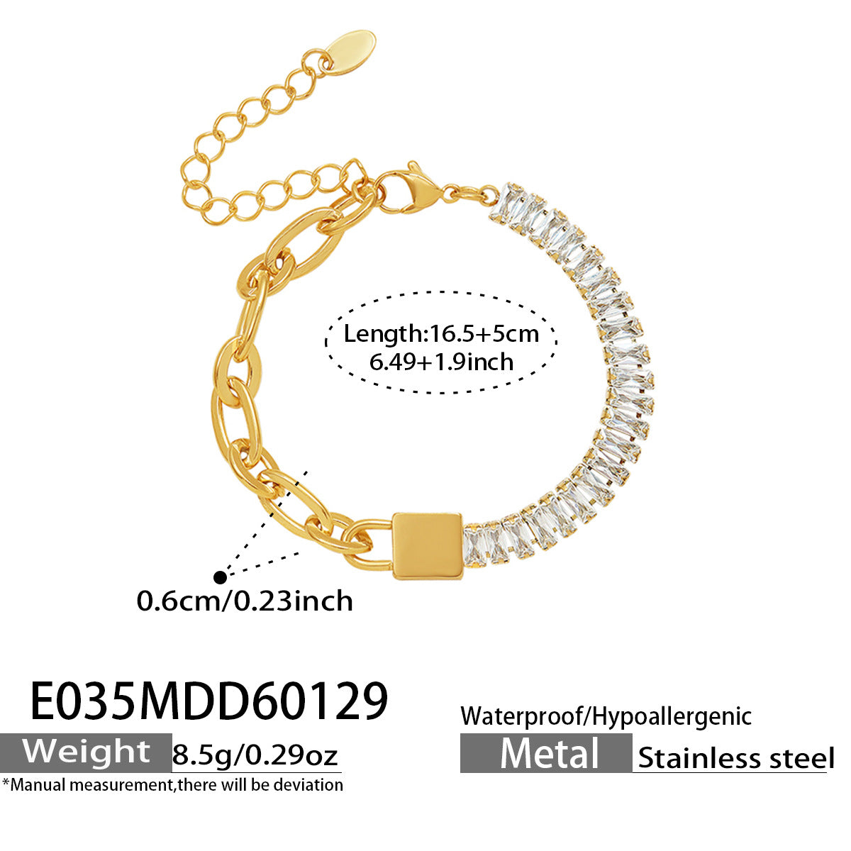 316L stainless steel 18K gold PVD 5A zircon lock link bracelet, white background with size guide, waterproof jewelry