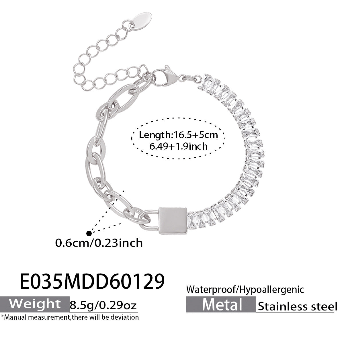 316L stainless steel 5A zircon lock link bracelet, steel finish with size chart, tarnish-free waterproof wholesale