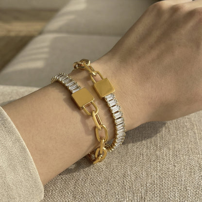 316L Stainless Steel 18K Gold PVD Plated 5A Zircon Lock Link Chain Bracelet - Image 6