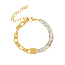 316L stainless steel 18K gold PVD plated 5A zircon lock link chain bracelet, reversible steel-gold design, waterproof hypoallergenic