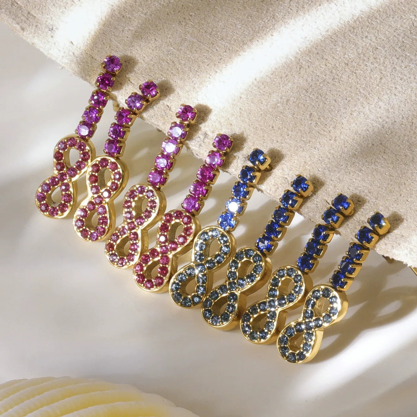 316L Stainless Steel 18K Gold PVD Plated Full Pave Zircon Figure-8 Pendant Earrings - Image 2