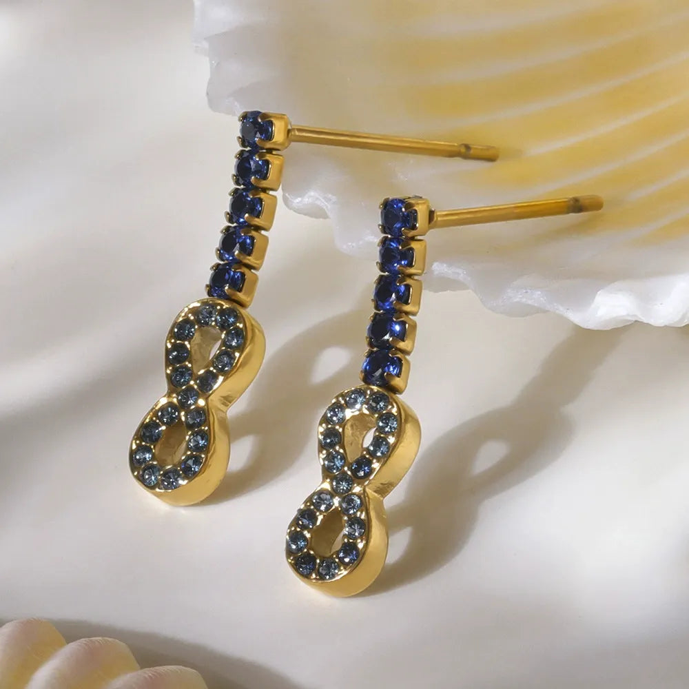 316L Stainless Steel 18K Gold PVD Plated Full Pave Zircon Figure-8 Pendant Earrings - Image 4