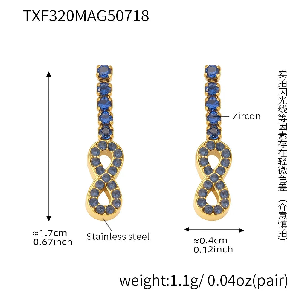 316L Stainless Steel 18K Gold PVD Plated Full Pave Zircon Figure-8 Pendant Earrings - Image 7