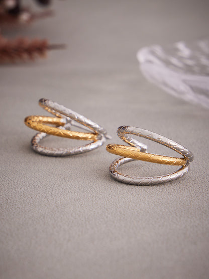 316L Stainless Steel 18K Gold PVD Plated Geometric Triple Layer C-Hoop Earrings - Image 1