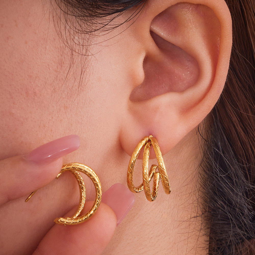 316L Stainless Steel 18K Gold PVD Plated Geometric Triple Layer C-Hoop Earrings - Image 10