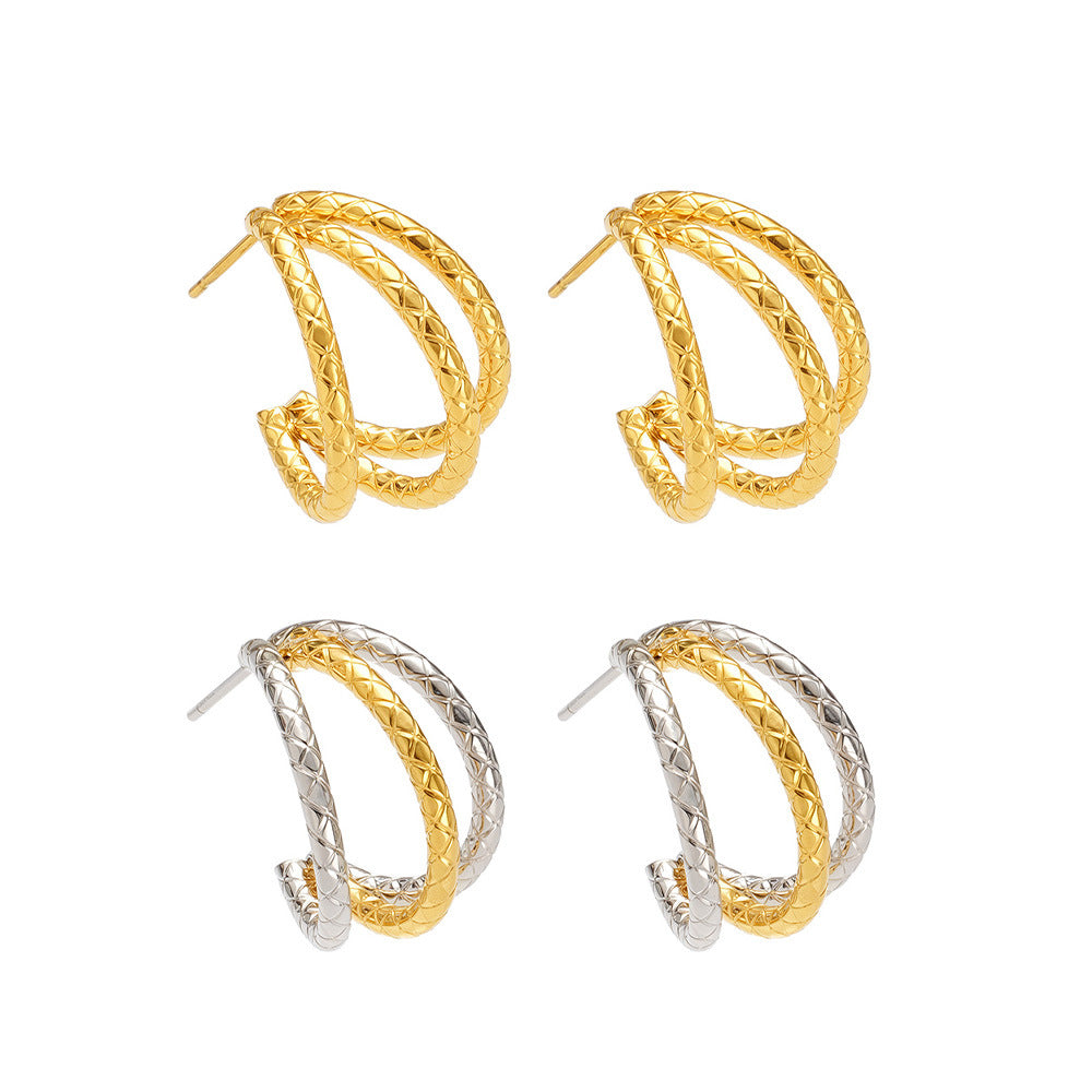 316L Stainless Steel 18K Gold PVD Plated Geometric Triple Layer C-Hoop Earrings - Image 11