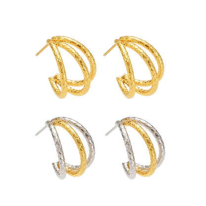 316L Stainless Steel 18K Gold PVD Plated Geometric Triple Layer C-Hoop Earrings - Image 11