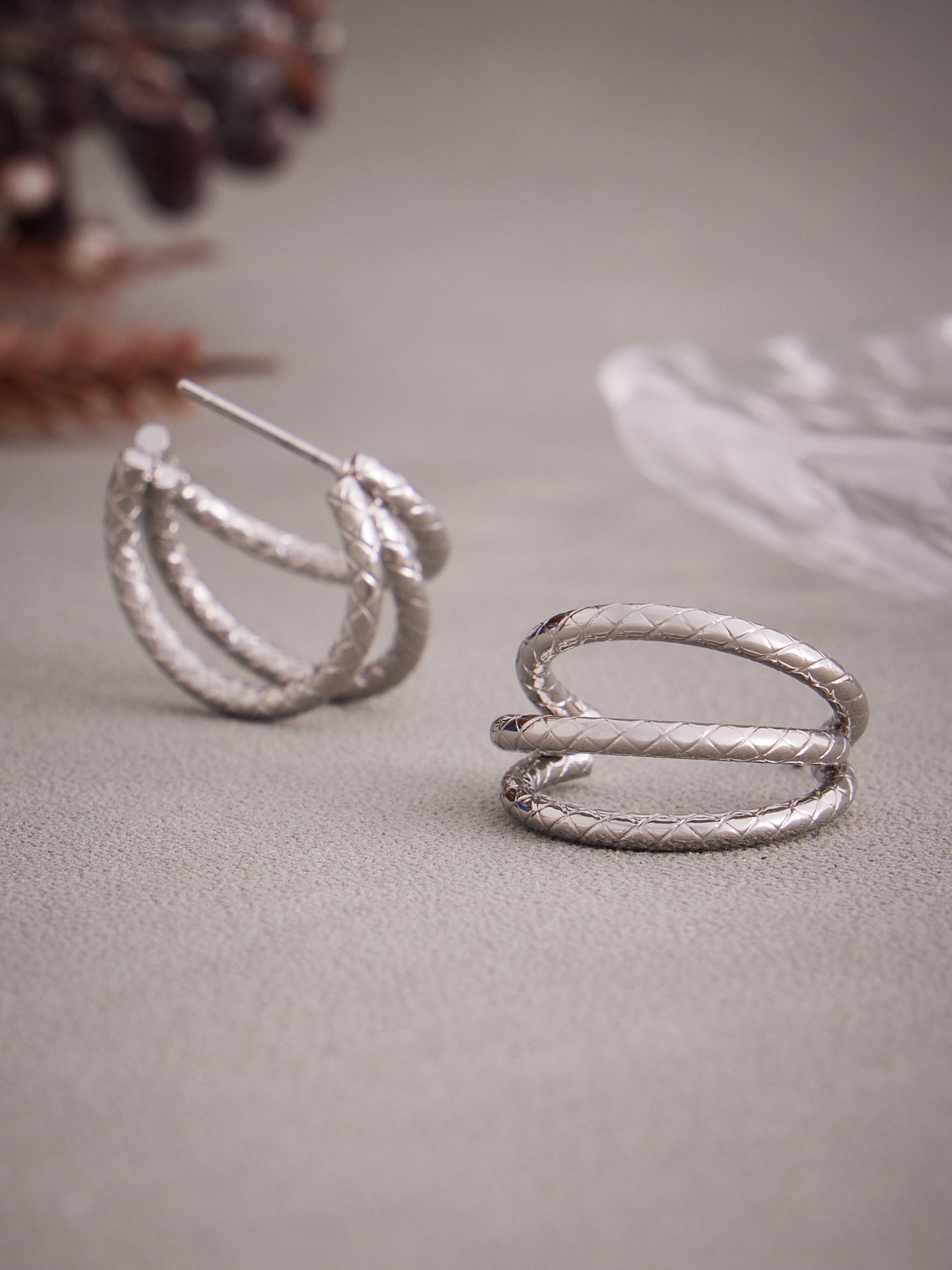 316L Stainless Steel 18K Gold PVD Plated Geometric Triple Layer C-Hoop Earrings - Image 12