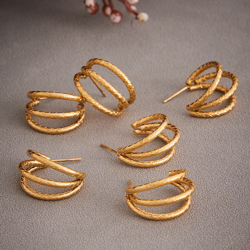 316L Stainless Steel 18K Gold PVD Plated Geometric Triple Layer C-Hoop Earrings - Image 2