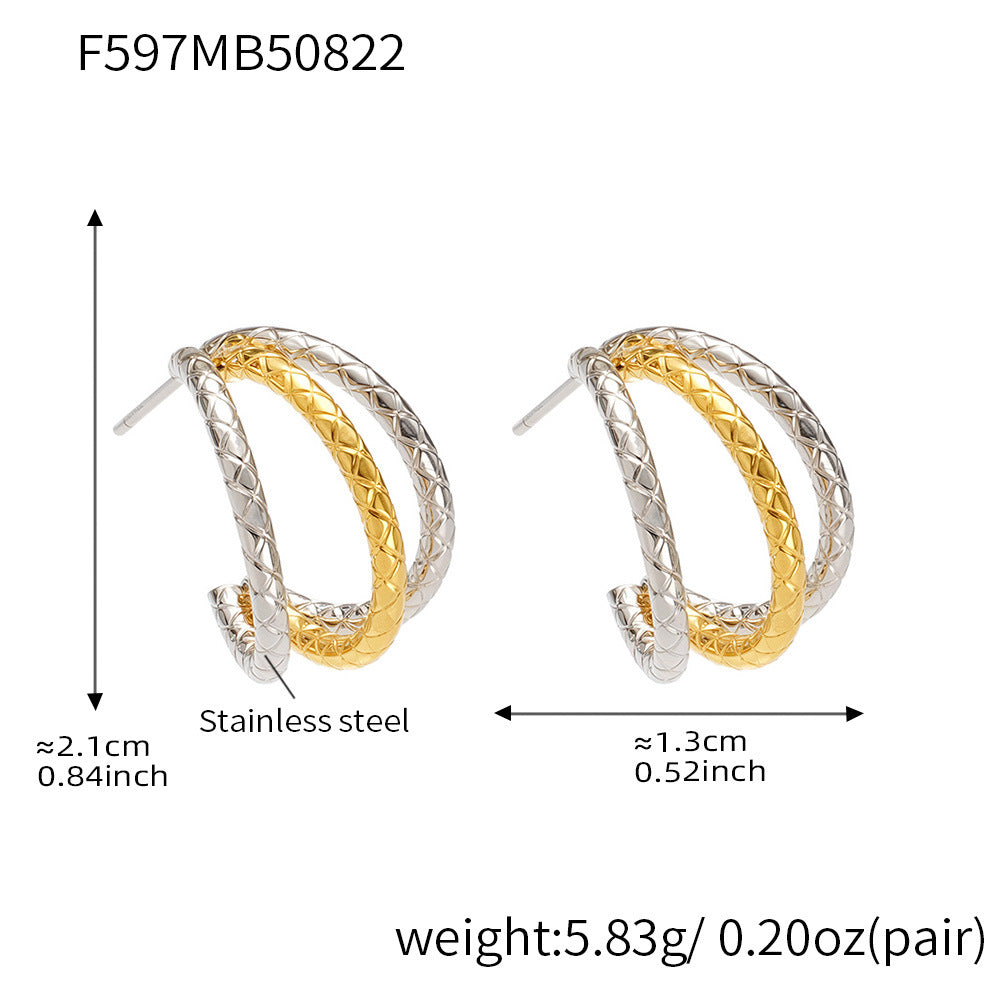 316L Stainless Steel 18K Gold PVD Plated Geometric Triple Layer C-Hoop Earrings - Image 4