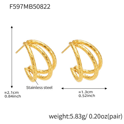 316L Stainless Steel 18K Gold PVD Plated Geometric Triple Layer C-Hoop Earrings - Image 5