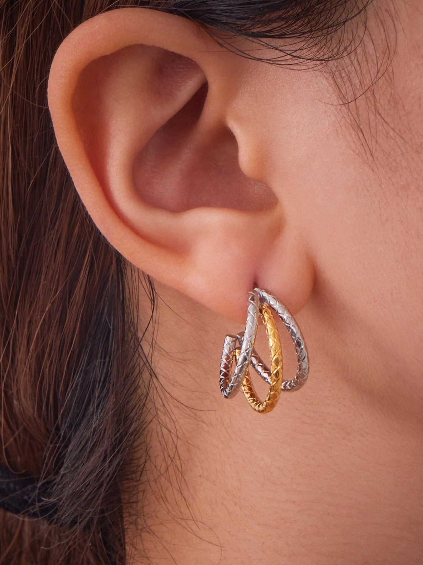 316L Stainless Steel 18K Gold PVD Plated Geometric Triple Layer C-Hoop Earrings - Image 6