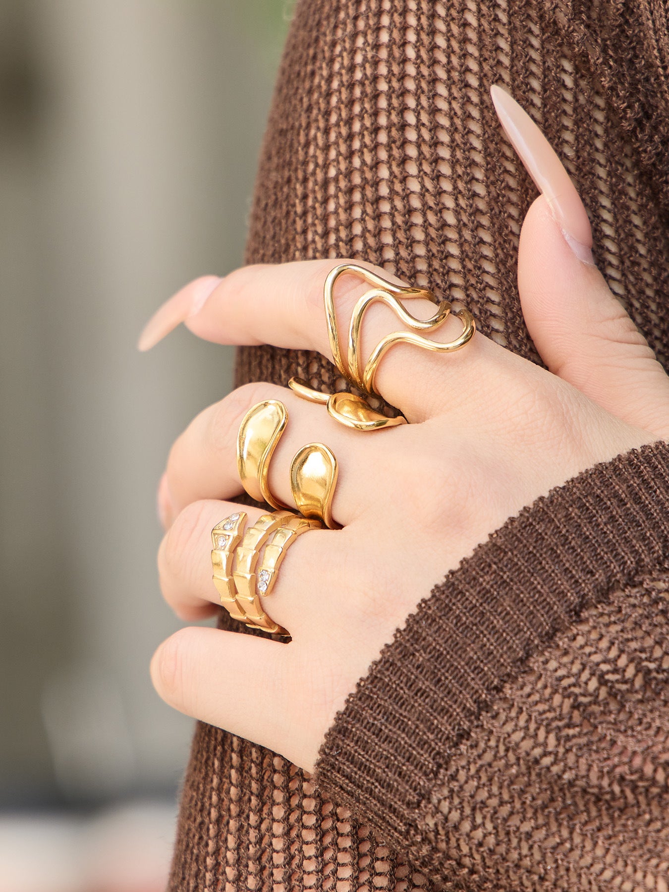 316L Stainless Steel 18K Gold PVD Plated Snake Zirconia Geometric Ring Set -  Sensitive Skin Friendly - Detail 1