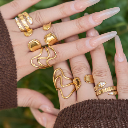 316L Stainless Steel 18K Gold PVD Plated Snake Zirconia Geometric Ring Set -  Sensitive Skin Friendly - Detail 10