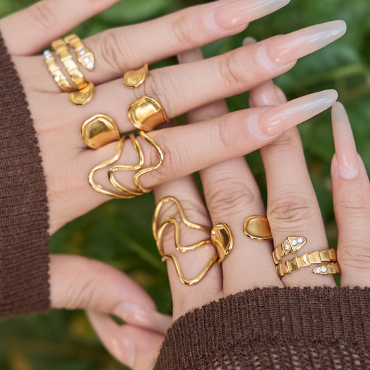 316L Stainless Steel 18K Gold PVD Plated Snake Zirconia Geometric Ring Set -  Sensitive Skin Friendly - Detail 10