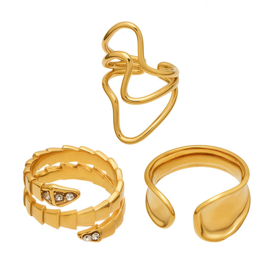 316L Stainless Steel 18K Gold PVD Plated Snake Zirconia Geometric Ring Set -  Sensitive Skin Friendly - Detail 13