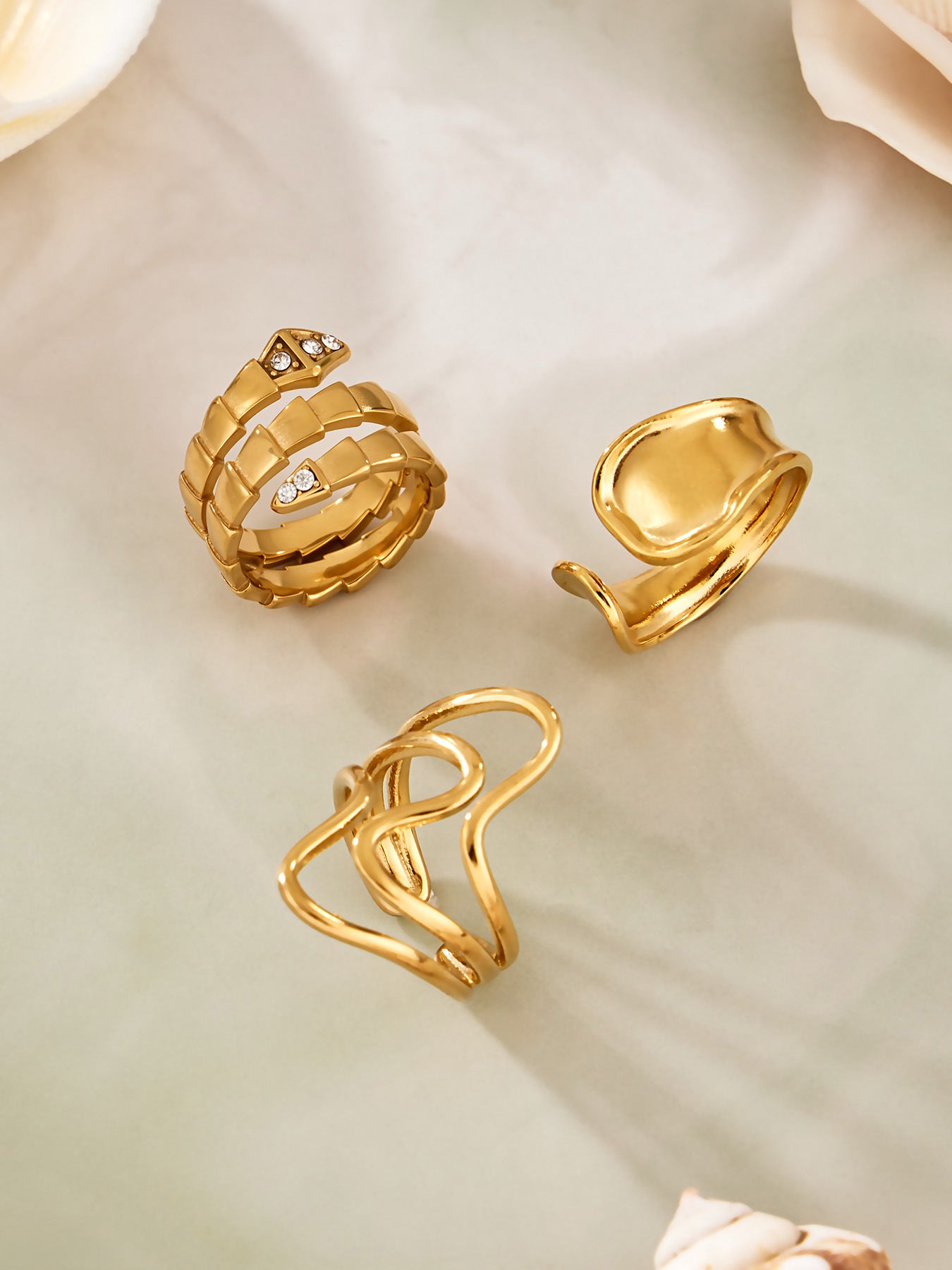316L Stainless Steel 18K Gold PVD Plated Snake Zirconia Geometric Ring Set -  Sensitive Skin Friendly - Detail 15