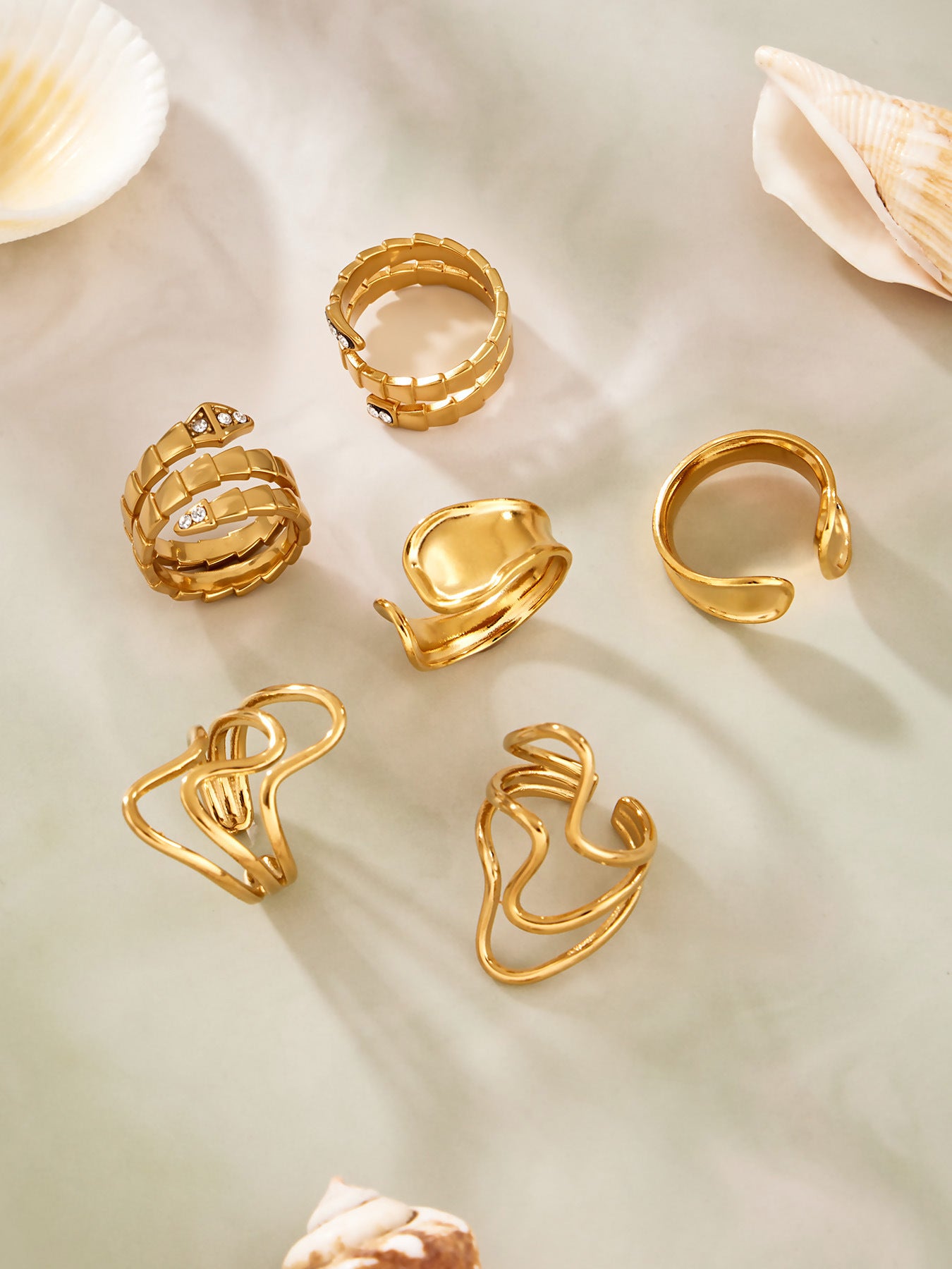 316L Stainless Steel 18K Gold PVD Plated Snake Zirconia Geometric Ring Set -  Sensitive Skin Friendly - Detail 16