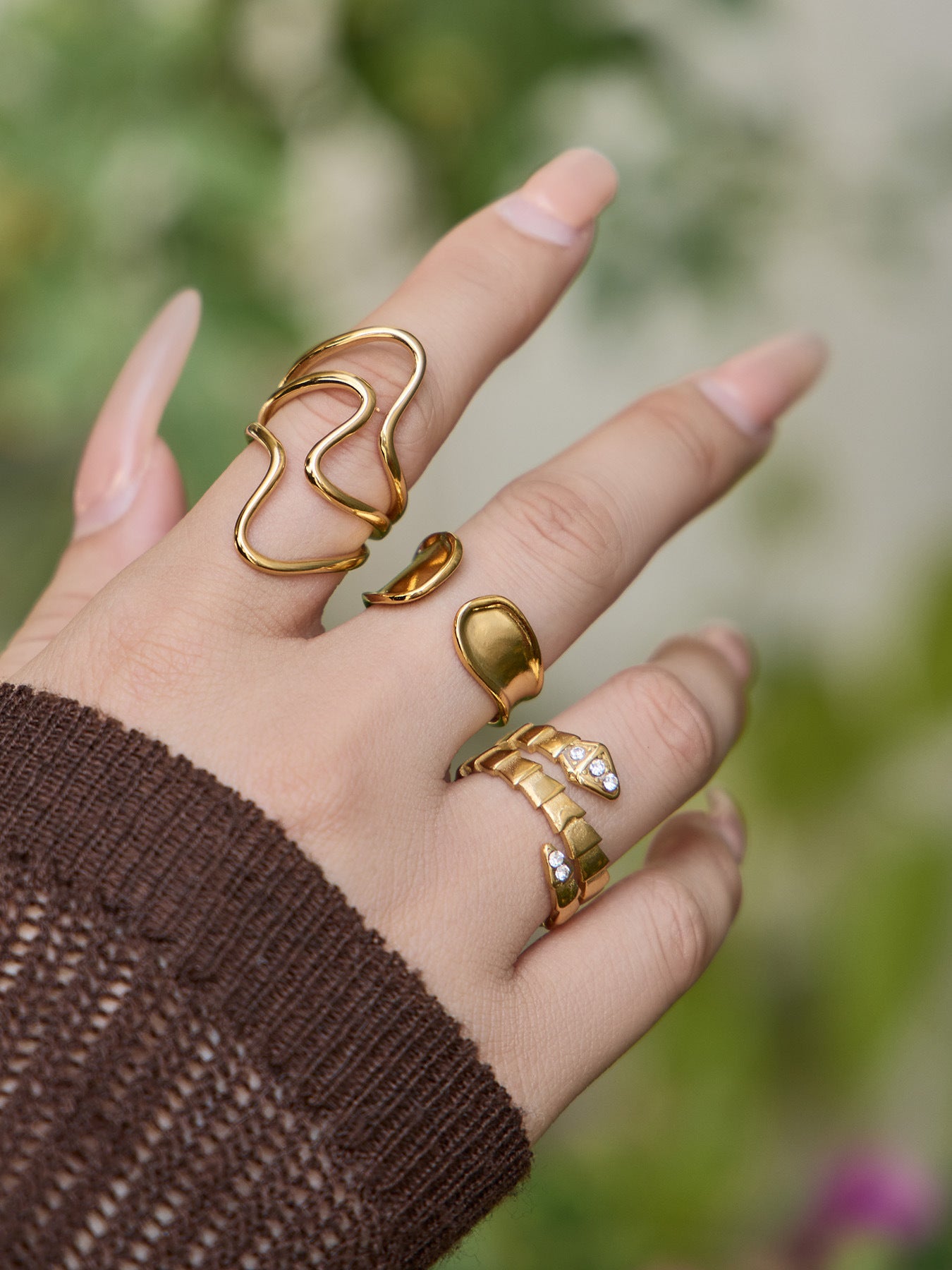 316L Stainless Steel 18K Gold PVD Plated Snake Zirconia Geometric Ring Set -  Sensitive Skin Friendly - Detail 2