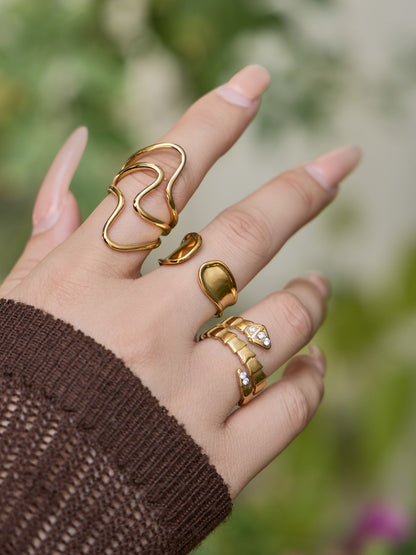 316L Stainless Steel 18K Gold PVD Plated Snake Zirconia Geometric Ring Set -  Sensitive Skin Friendly - Detail 2