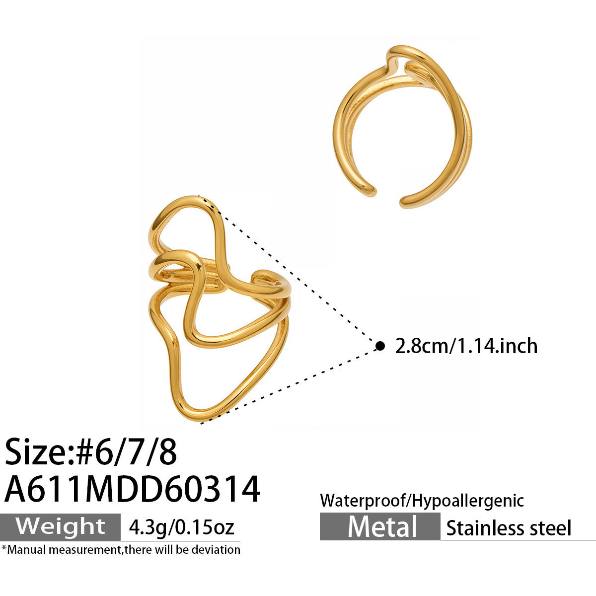 316L Stainless Steel 18K Gold PVD Plated Snake Zirconia Geometric Ring Set -  Sensitive Skin Friendly - Detail 5