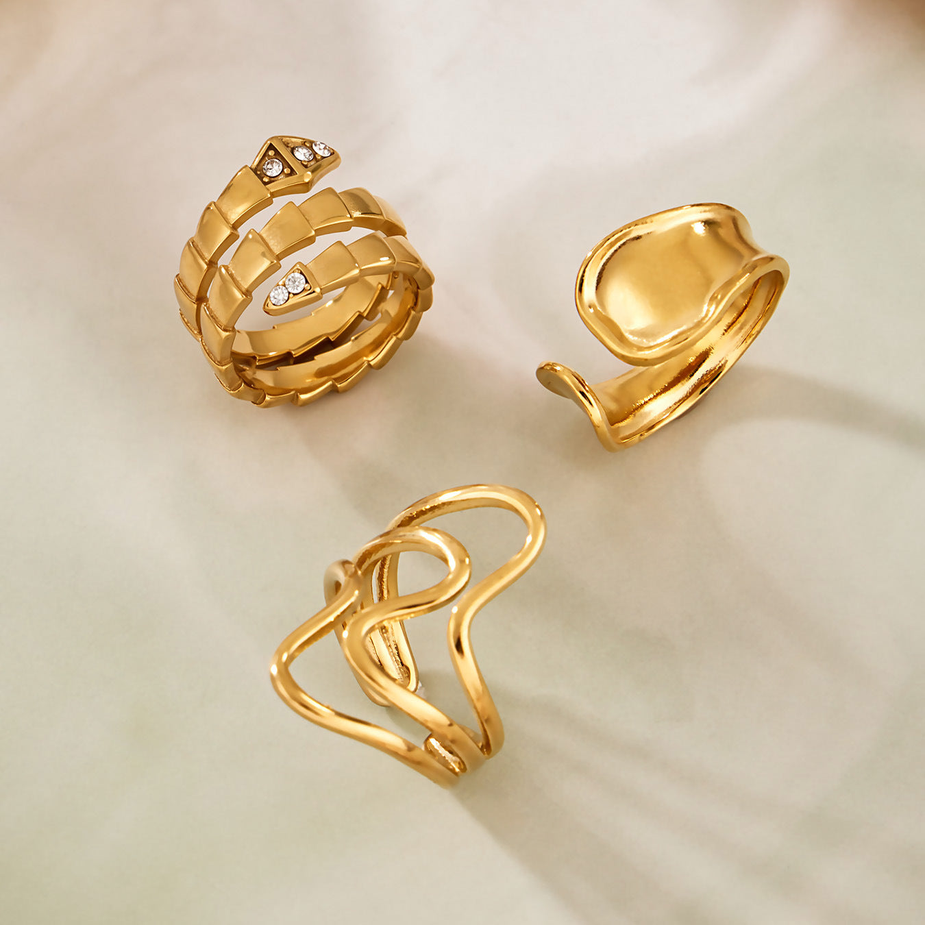 316L Stainless Steel 18K Gold PVD Plated Snake Zirconia Geometric Ring Set -  Sensitive Skin Friendly - Detail 7