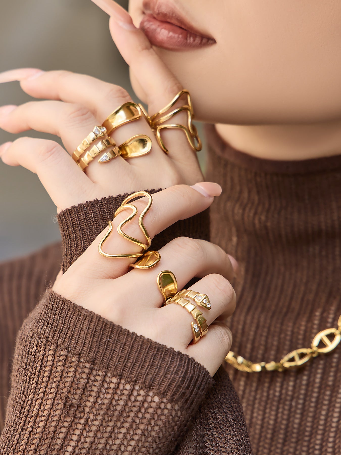316L Stainless Steel 18K Gold PVD Plated Snake Zirconia Geometric Ring Set -  Sensitive Skin Friendly - Detail 8