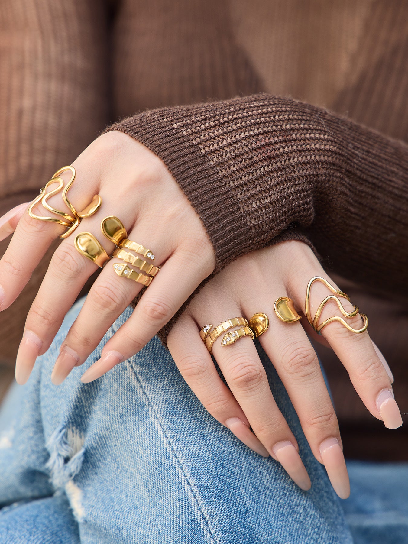 316L Stainless Steel 18K Gold PVD Plated Snake Zirconia Geometric Ring Set -  Sensitive Skin Friendly - Detail 9