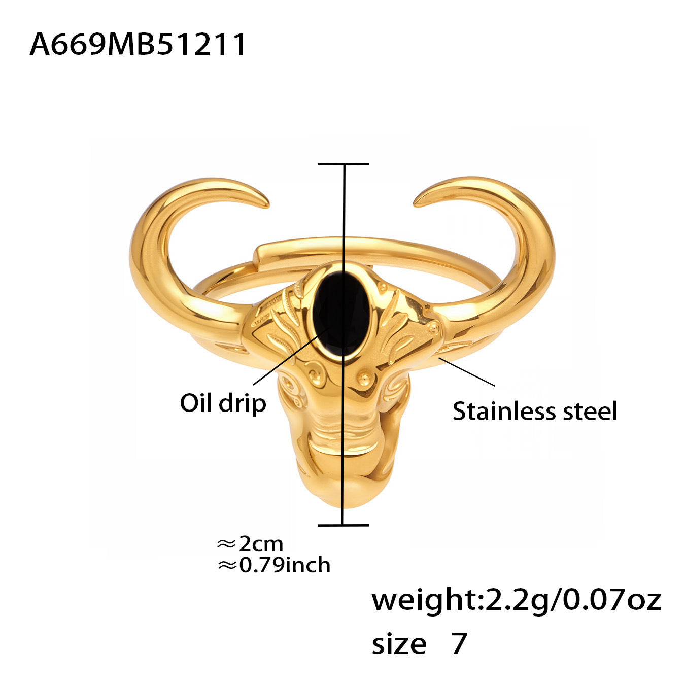 316L Stainless Steel 18K Gold PVD Plated 'Year of the Ox' Bull Head Open Ring with Enamel Detail - Image 1