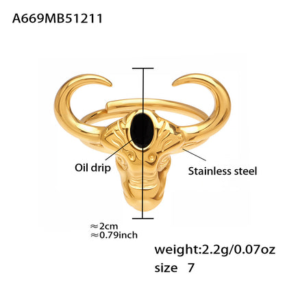 316L Stainless Steel 18K Gold PVD Plated 'Year of the Ox' Bull Head Open Ring with Enamel Detail - Image 1