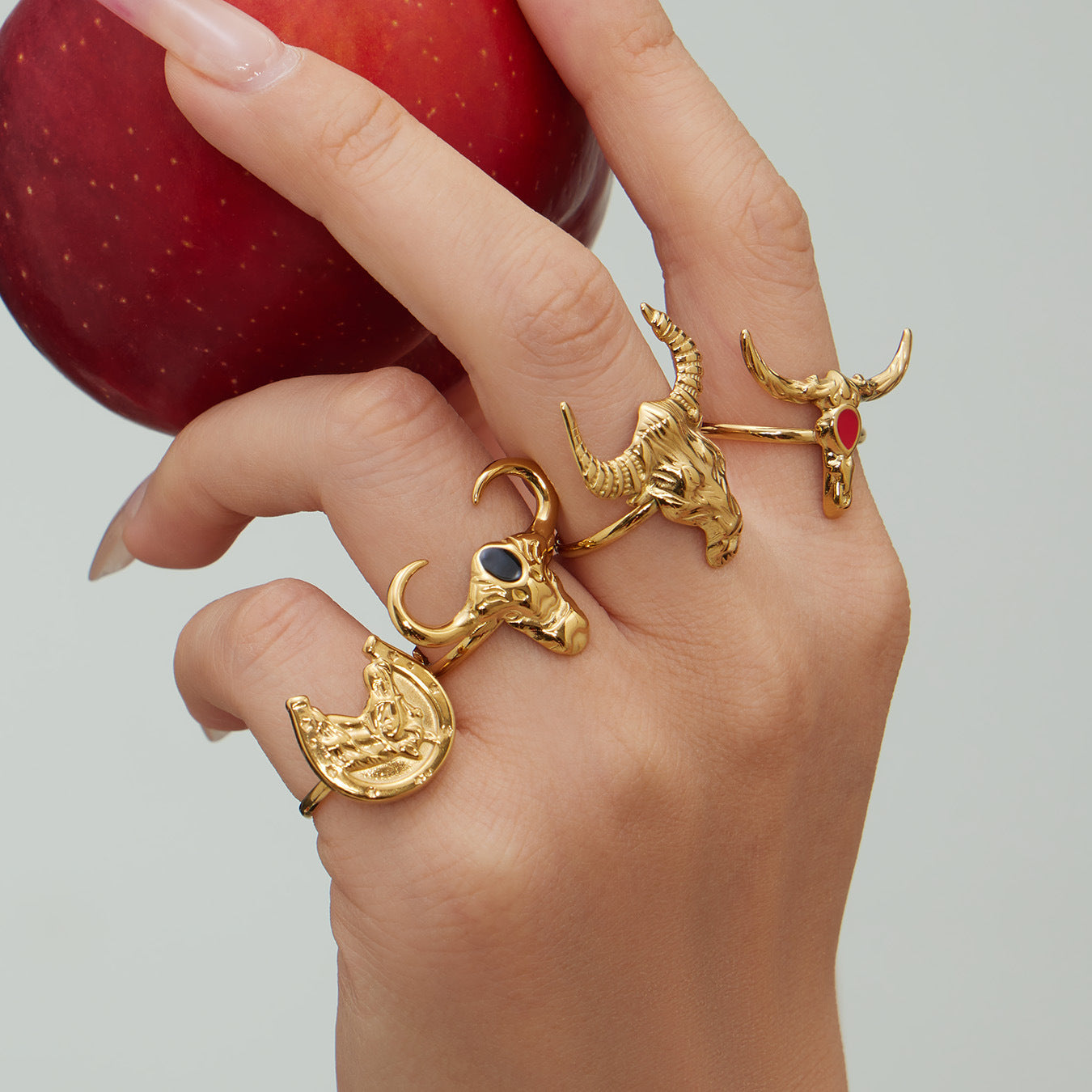 316L Stainless Steel 18K Gold PVD Plated 'Year of the Ox' Bull Head Open Ring with Enamel Detail - Image 10