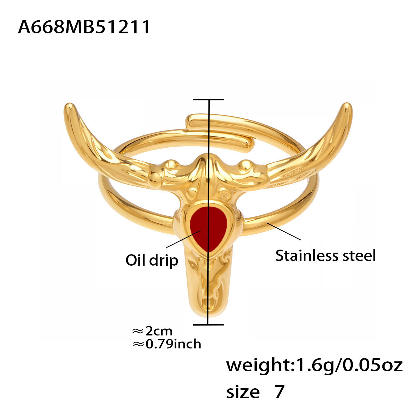 316L Stainless Steel 18K Gold PVD Plated 'Year of the Ox' Bull Head Open Ring with Enamel Detail - Image 12