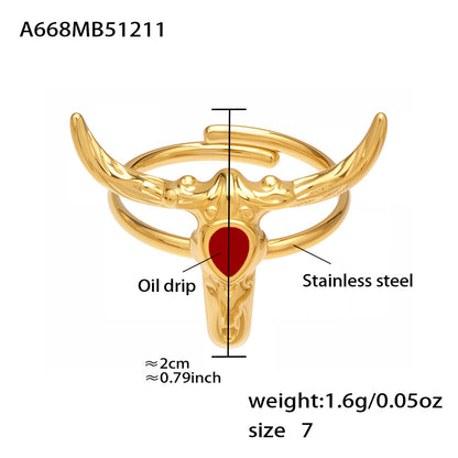 316L Stainless Steel 18K Gold PVD Plated 'Year of the Ox' Bull Head Open Ring with Enamel Detail - Image 12