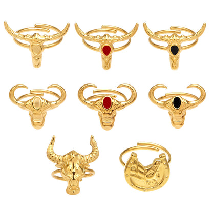 316L Stainless Steel 18K Gold PVD Plated 'Year of the Ox' Bull Head Open Ring with Enamel Detail - Image 2