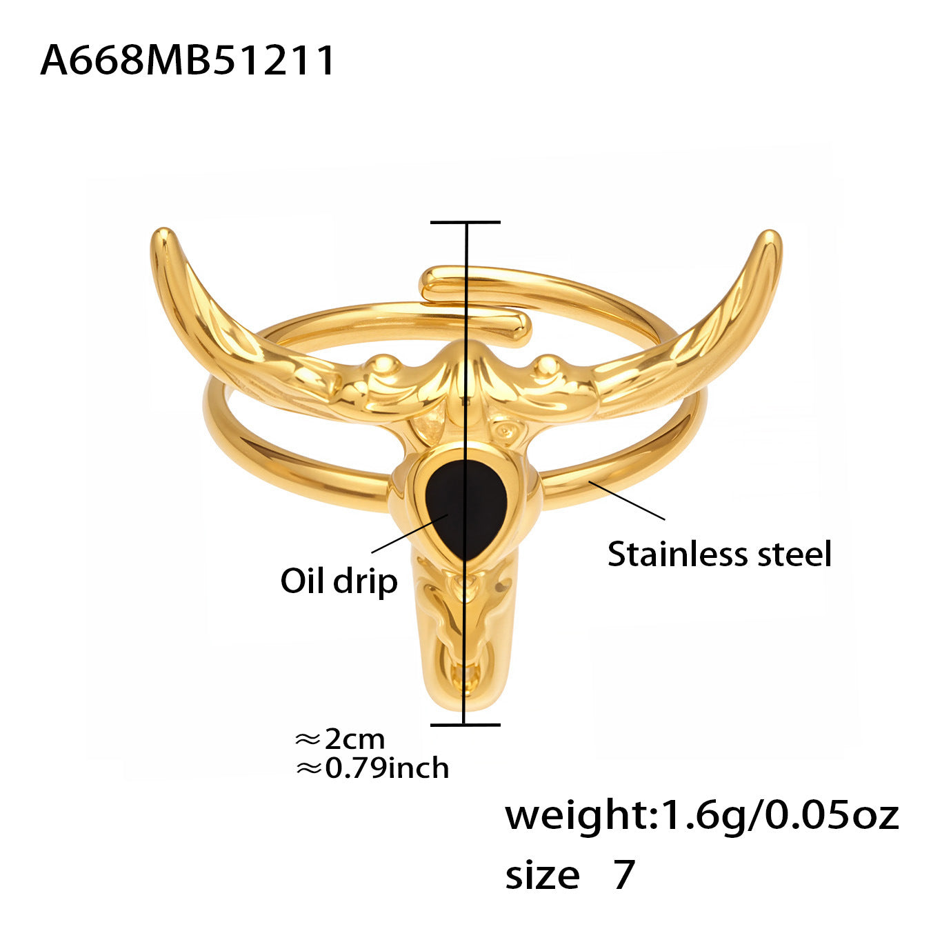 316L Stainless Steel 18K Gold PVD Plated 'Year of the Ox' Bull Head Open Ring with Enamel Detail - Image 3