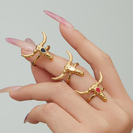 316L Stainless Steel 18K Gold PVD Plated 'Year of the Ox' Bull Head Open Ring with Enamel Detail - Image 6