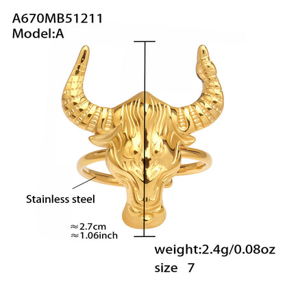 316L Stainless Steel 18K Gold PVD Plated 'Year of the Ox' Bull Head Open Ring with Enamel Detail - Image 8
