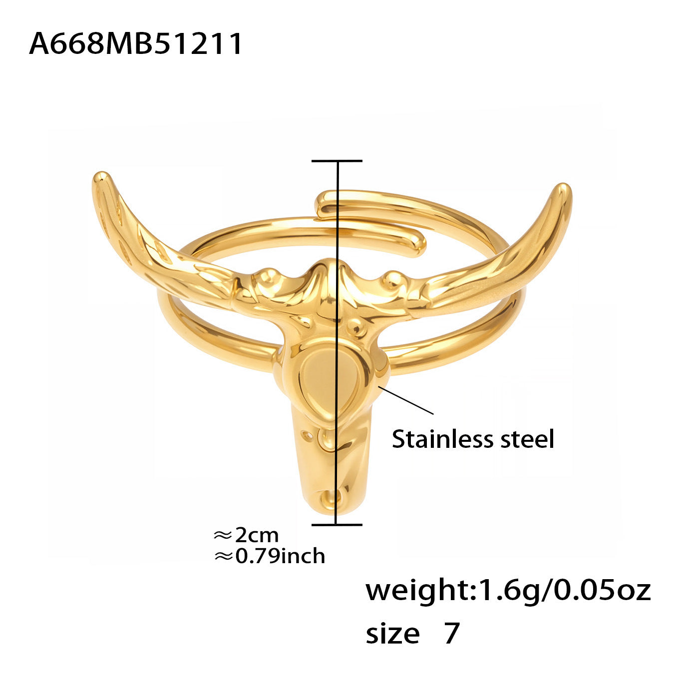 316L Stainless Steel 18K Gold PVD Plated 'Year of the Ox' Bull Head Open Ring with Enamel Detail - Image 9