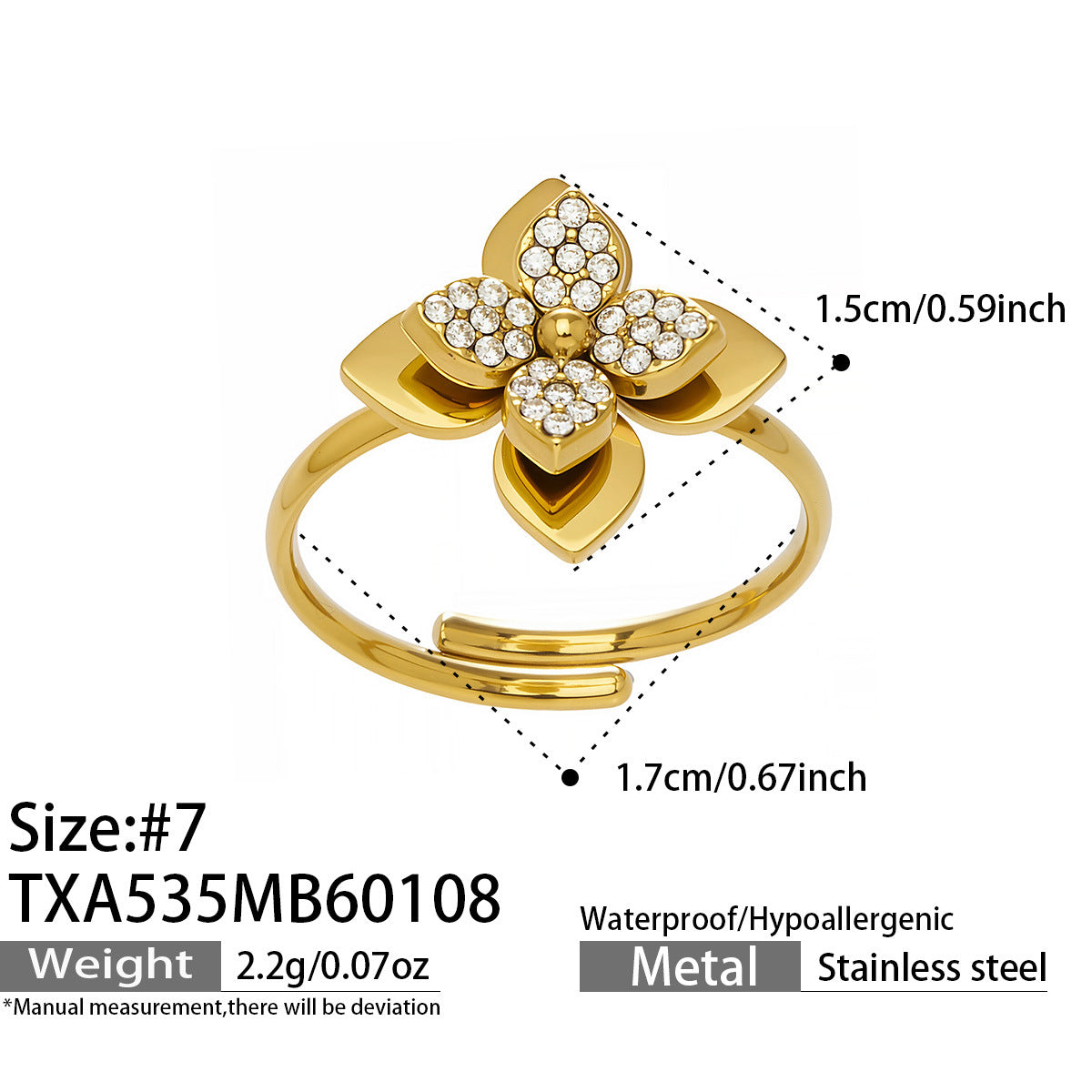 Adjustable flower ring specification diagram highlighting the 316L stainless steel base and micro-zircon setting specs.