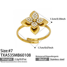 Adjustable flower ring specification diagram highlighting the 316L stainless steel base and micro-zircon setting specs.