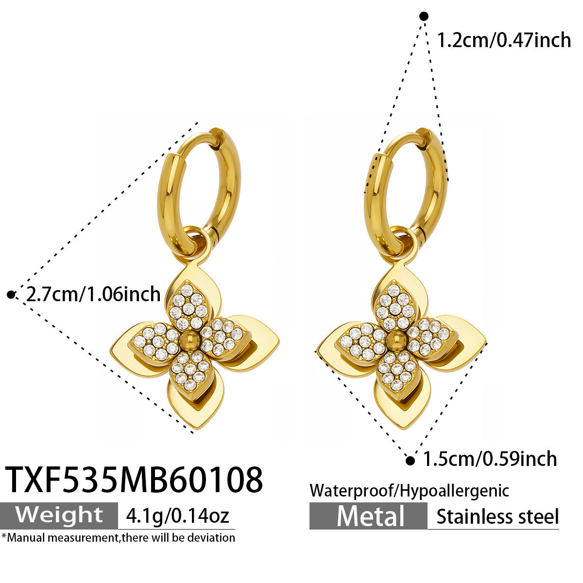 Measurement guide for the four-petal flower drop earrings, ensuring a perfect fit for sensitive ears and daily fashion.