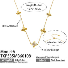 Size guide for the multi-charm flower necklace, showcasing the durable 18K gold PVD coating and dimensions.