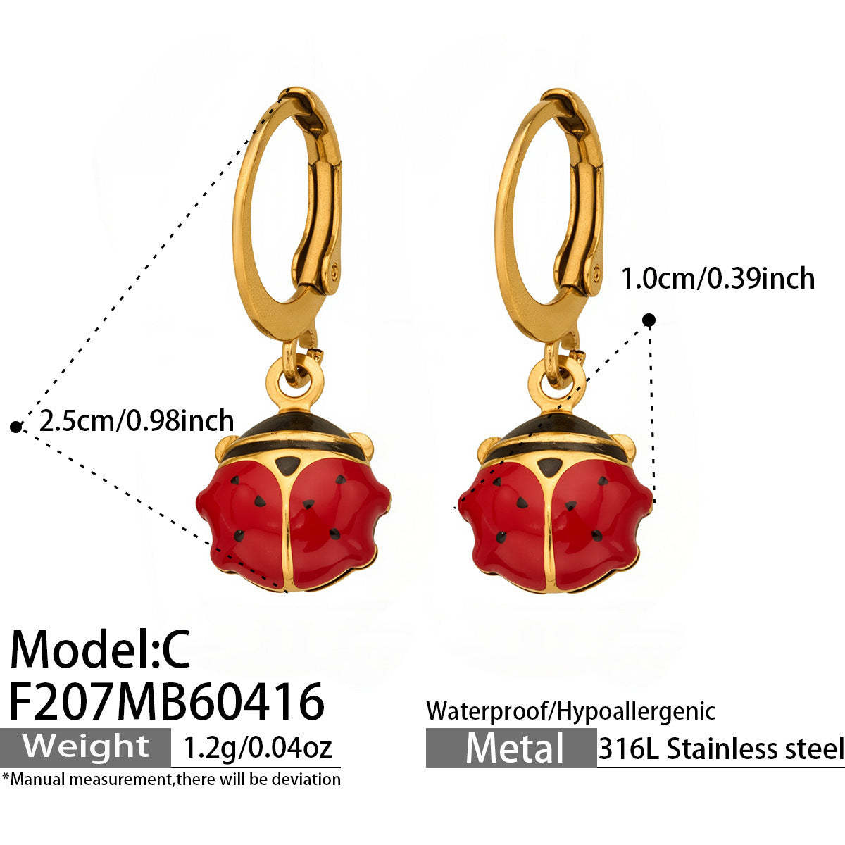 316L Stainless Steel 18K Gold PVD Playful Enamel Ladybug Hoop Earrings - Enamel Ladybug Earrings, Playful Design, Gold Hoop Earrings, Unique Earrings Wholesale Stainless Steel Jewelry - Sensitive Skin Friendly - Detail 1
