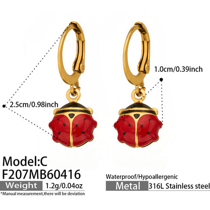 316L Stainless Steel 18K Gold PVD Playful Enamel Ladybug Hoop Earrings - Enamel Ladybug Earrings, Playful Design, Gold Hoop Earrings, Unique Earrings Wholesale Stainless Steel Jewelry - Sensitive Skin Friendly - Detail 1