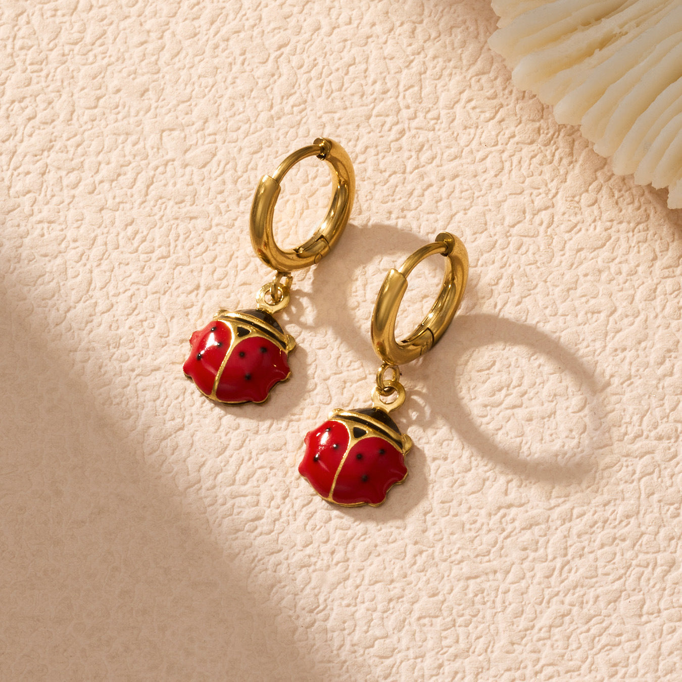 316L Stainless Steel 18K Gold PVD Playful Enamel Ladybug Hoop Earrings - Enamel Ladybug Earrings, Playful Design, Gold Hoop Earrings, Unique Earrings Wholesale Stainless Steel Jewelry - Sensitive Skin Friendly - Detail 10