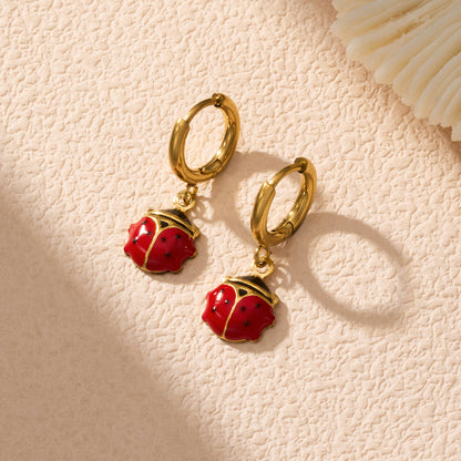 316L Stainless Steel 18K Gold PVD Playful Enamel Ladybug Hoop Earrings - Enamel Ladybug Earrings, Playful Design, Gold Hoop Earrings, Unique Earrings Wholesale Stainless Steel Jewelry - Sensitive Skin Friendly - Detail 10