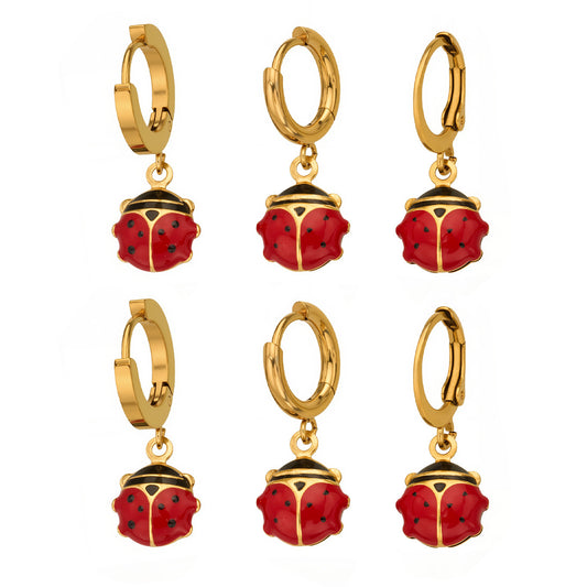 316L Stainless Steel 18K Gold PVD Playful Enamel Ladybug Hoop Earrings - Enamel Ladybug Earrings, Playful Design, Gold Hoop Earrings, Unique Earrings Wholesale Stainless Steel Jewelry - Sensitive Skin Friendly - Detail 11
