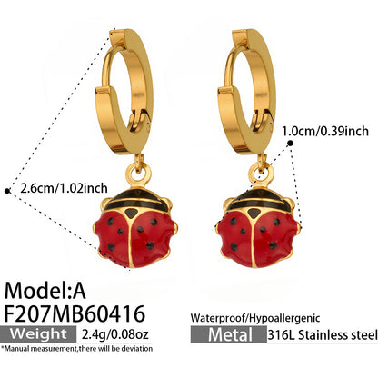 316L Stainless Steel 18K Gold PVD Playful Enamel Ladybug Hoop Earrings - Enamel Ladybug Earrings, Playful Design, Gold Hoop Earrings, Unique Earrings Wholesale Stainless Steel Jewelry - Sensitive Skin Friendly - Detail 12